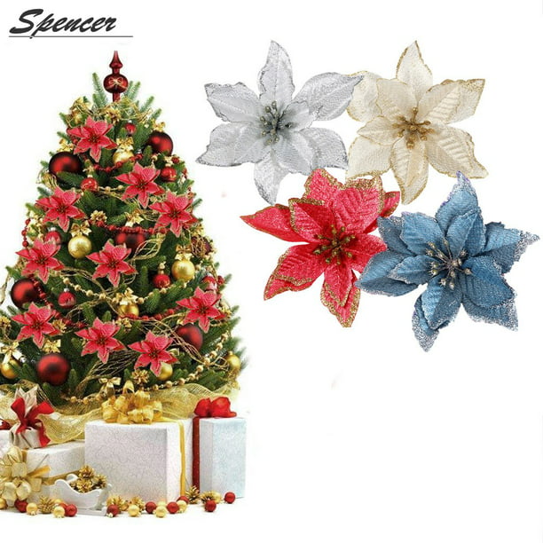 Golden 15 Total!! 5 Foot X 3 Set of 3 Sparkling Christmas Garlands with Artificial Poinsettia Flowers 